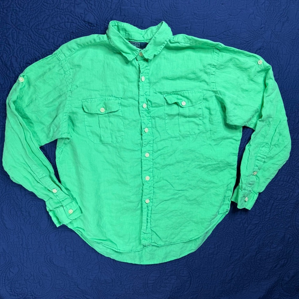 Polo Ralph Lauren Mens XL Green Linen Button Down Roll Tab Sleeve Shirt Safari